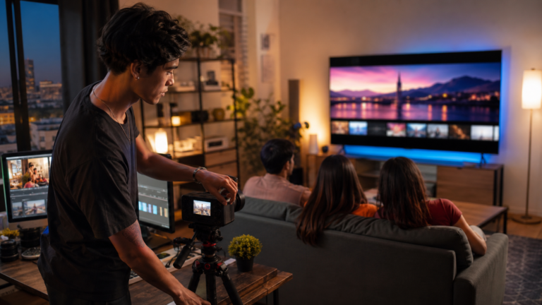 Creador ajusta una cámara mientras un grupo ve contenido digital en una televisión conectada