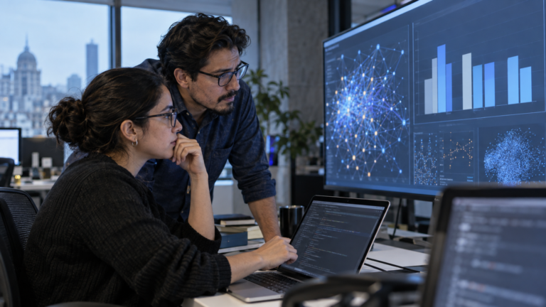 Equipo editorial analiza en una pantalla gráficos y código relacionados con modelos de inteligencia artificial.
