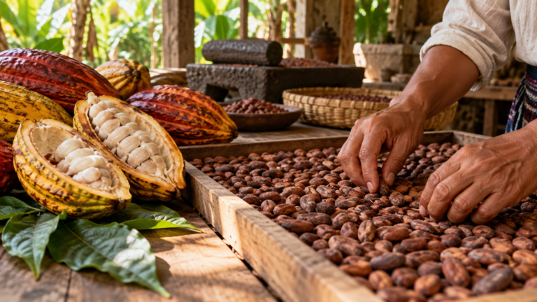 Experiencia gastronómica mexicana en una feria culinaria, ilustración para hablar de cacao y diversidad de sabores